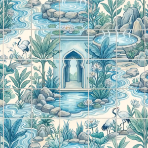 Illustrative tile mural of a serene garden with cranes, hot pools, and plants.