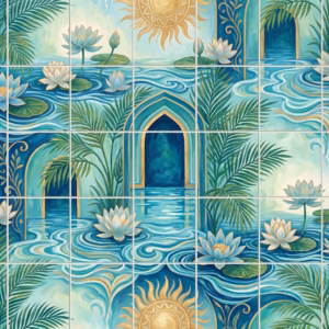 A tiled mural of a mystical water garden with lotuses, palms, and suns.