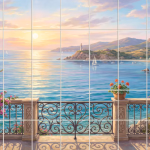 Painted view of a coastal sunset from a balcony with wrought-iron railings.