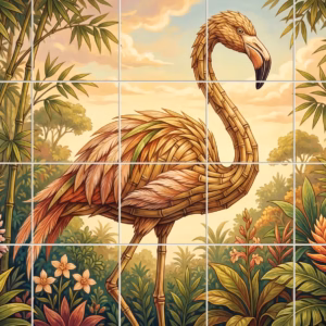 A stylised tile mural of a flamingo made from woven bamboo in a jungle.