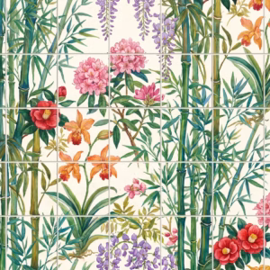 A tiled wall mural of a botanical illustration with bamboo and colourful flowers.
