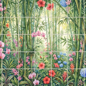 A watercolour tile mural of a lush bamboo forest with colourful tropical flowers.