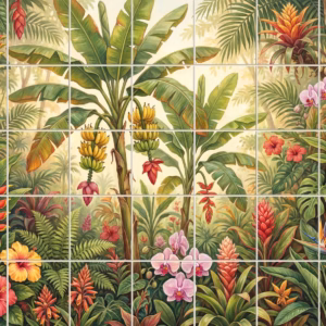 Banana Palm 2 tile mural: a painterly mural of a tropical jungle with banana trees and colourful flowers.