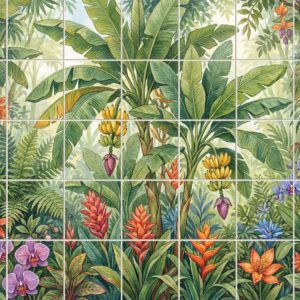 Banana Palm 4 tile mural: a watercolour painting of a tropical jungle with banana trees and colourful flowers.