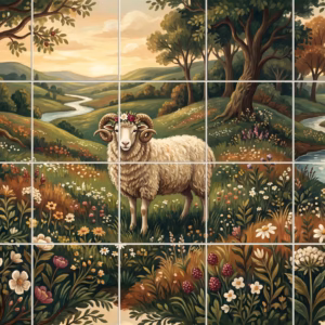 A painterly tile mural of a ram wearing a flower crown in a pastoral landscape.
