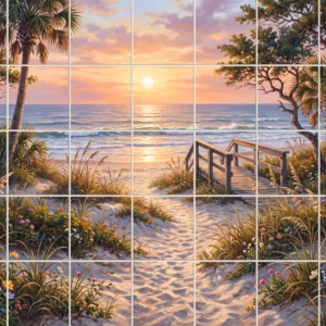 A painted mural of a sunset over the sea, with a sandy path and palm trees.