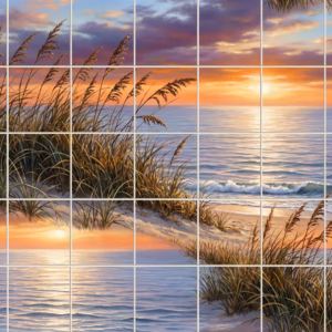 A tile mural of a beach sunset with sea grass on sand dunes.