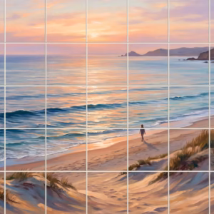 A painterly tile mural of a woman walking on a beach at sunset.