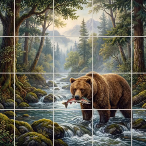 A painted mural of a brown bear with a fish in a forest river.