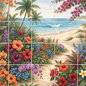 A painted mural of a tropical beach seen through a frame of colourful flowers.