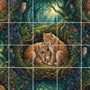 An illustrative mural of a lynx family with cubs in a magical forest.