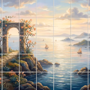 Beyond Hanas Gate tile mural: mural of a stone archway with flowers overlooking a calm sea with sailboats.