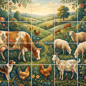 A decorative tile mural of farm animals including a cow and sheep in a floral landscape.