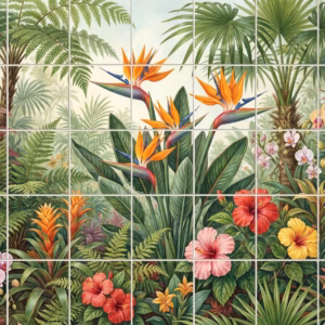 A colourful tile mural of a tropical jungle with exotic flowers and palm trees.