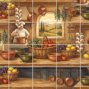 A painterly mural of a chef in a rustic kitchen with fresh vegetables.