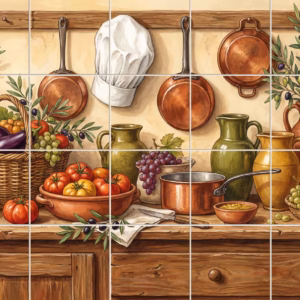 A rustic kitchen scene tile mural with copper pans and fresh vegetables.