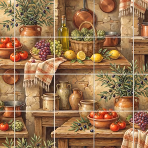 A rustic still life mural of Mediterranean produce on wooden shelves against a stone wall.