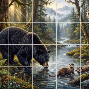 A painted mural of a bear, otters, and an owl in a forest.