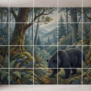 Tile mural of a black bear walking through a lush, green forest.