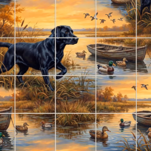 A tile mural of a black Labrador dog and ducks in a marsh.