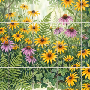 A watercolour tile mural of a wildflower garden with yellow and purple flowers.