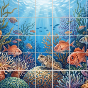 A painted mural of a colourful underwater coral reef with many tropical fish.