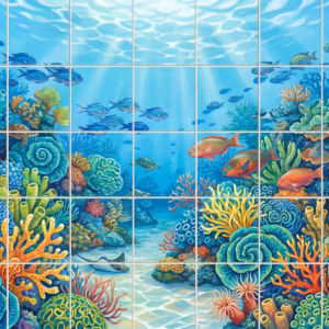 A colourful painted tile mural of a coral reef with tropical fish.