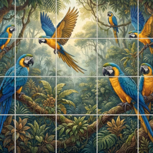 An illustrative mural of blue-and-yellow macaws in a lush, green jungle setting.