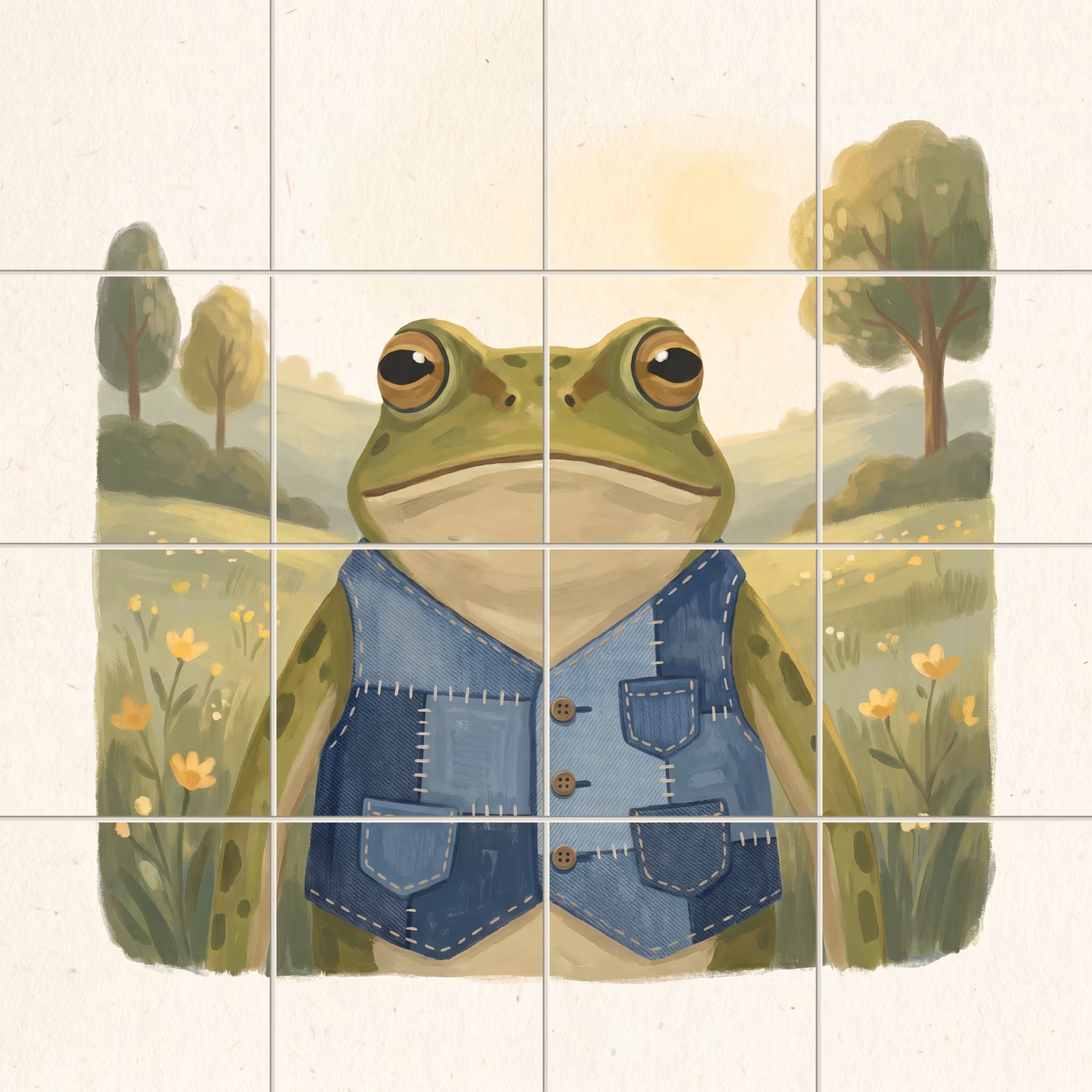 Blue Jean Frog accent tile: a tile mural of a green frog wearing a blue patchwork denim waistcoat.