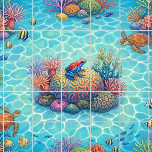 Illustrated tile mural of a vibrant coral reef with turtles, fish, and a frog.
