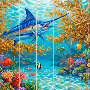 A painterly tile mural of a blue marlin and sea turtles swimming underwater.