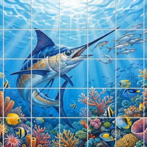 Mural of a blue marlin chasing smaller fish above a colourful coral reef.