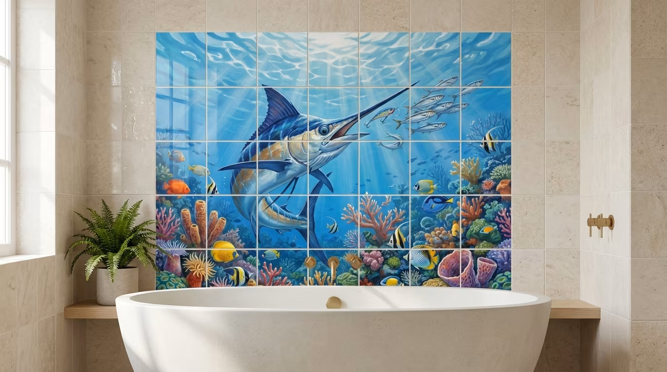 Blue Marlin Strike - Tile Mural - Image 2