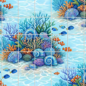 An illustrative tile mural of a colourful coral reef with tropical fish and seashells.