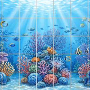 An illustrative ceramic tile mural of a colourful coral reef with tropical fish.