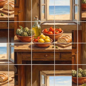Painted still life of Mediterranean food on a table by a window overlooking the sea.