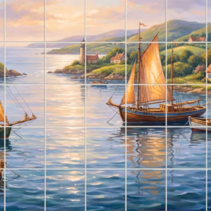 A painting of sailboats in a quiet coastal harbour with a lighthouse.