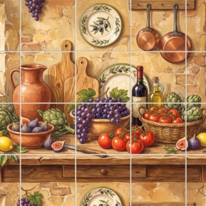 A rustic kitchen still life mural with fresh fruit, vegetables, and wine.