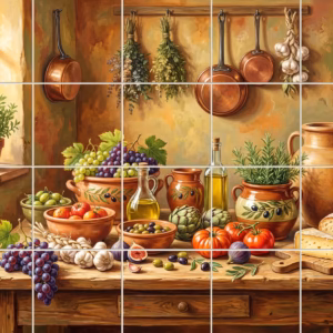 A painting of a rustic kitchen table still life with fresh produce.