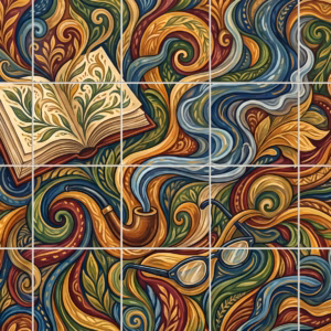 A colourful, stylised painting of a book, smoking pipe, and spectacles.