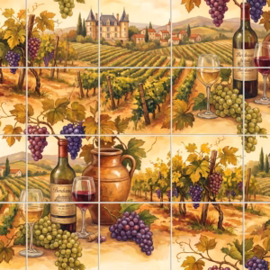A painted mural of a French vineyard with a chateau and wine tasting scene.