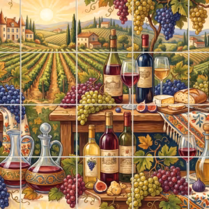 Illustrated mural of a vineyard feast with wine, cheese, and grapes before a French chateau.