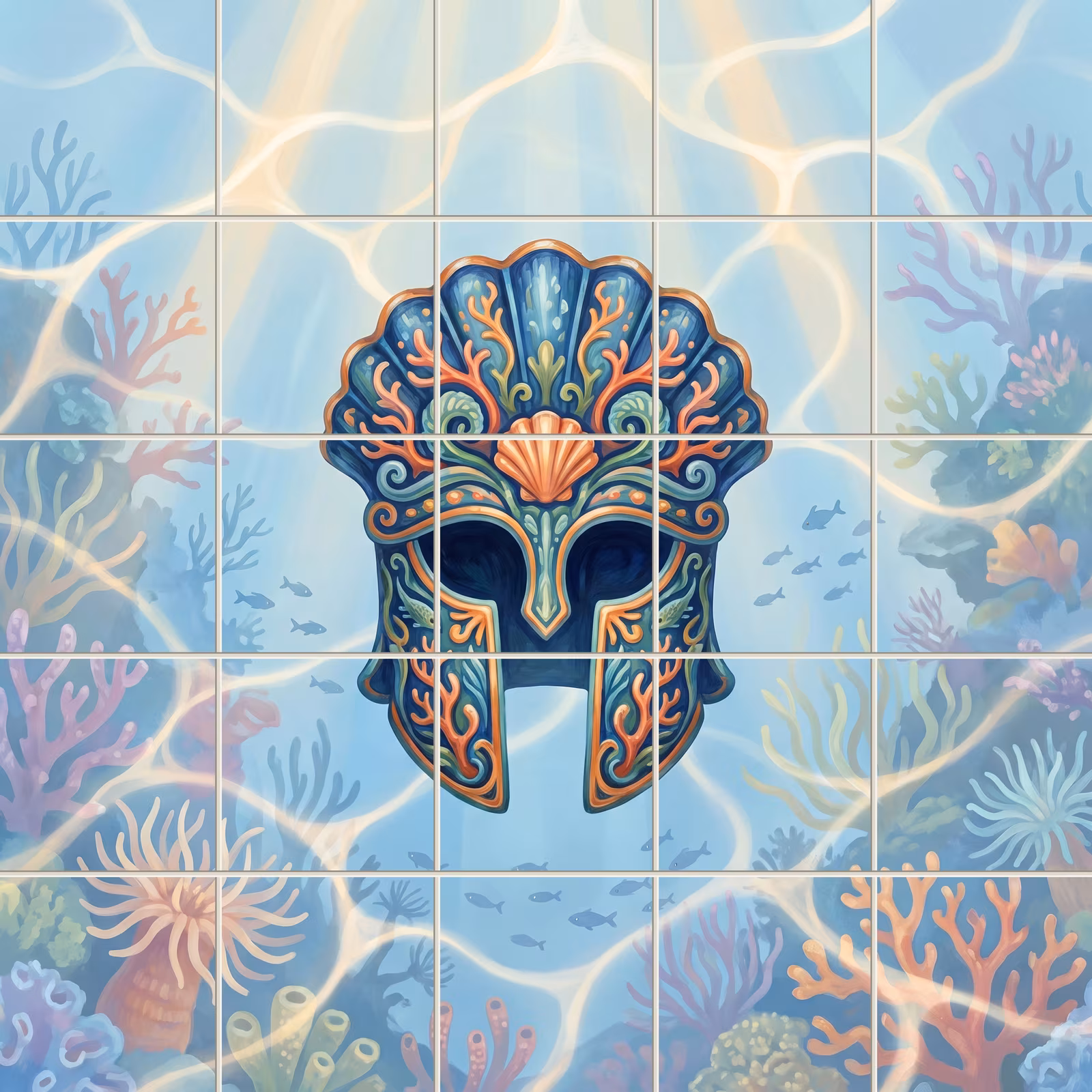 A tiled mural of an ornate blue and orange helmet on the ocean floor.