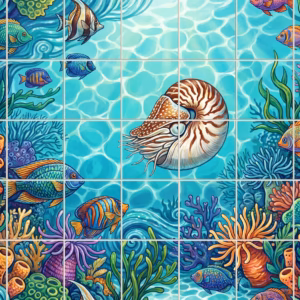 A colourful tile mural depicting a coral reef with a nautilus and fish.