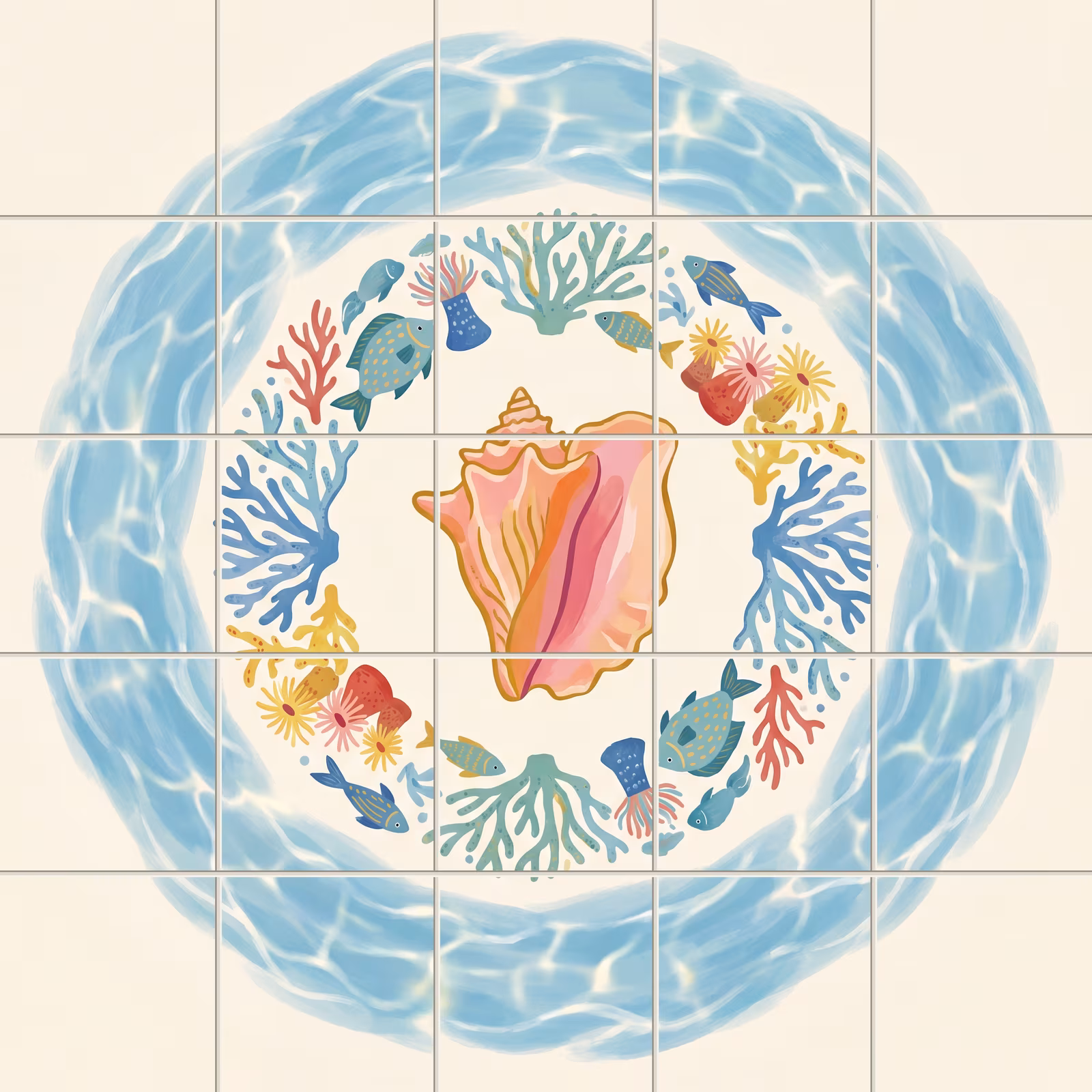 Tile mural of a conch shell surrounded by a colourful wreath of coral and fish.