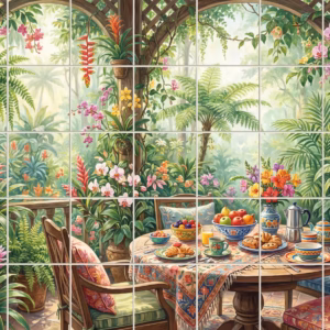 A breakfast table set on a veranda overlooking a lush tropical garden with flowers.