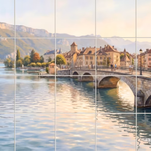 A painting of a stone bridge leading to a lakeside town with mountains.