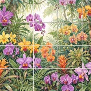 A painted mural of colourful orchids and lush green plants in a jungle.