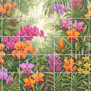 A painterly tile mural of a jungle scene with colourful tropical orchid flowers.