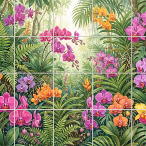 A colourful painted mural of pink, purple, and orange orchids in a jungle.